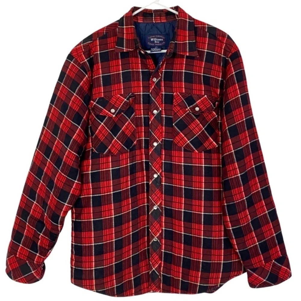 Vintage 90s Flannel Shirt Jacket Mens Size Large Quilted Oversized Shacket Red